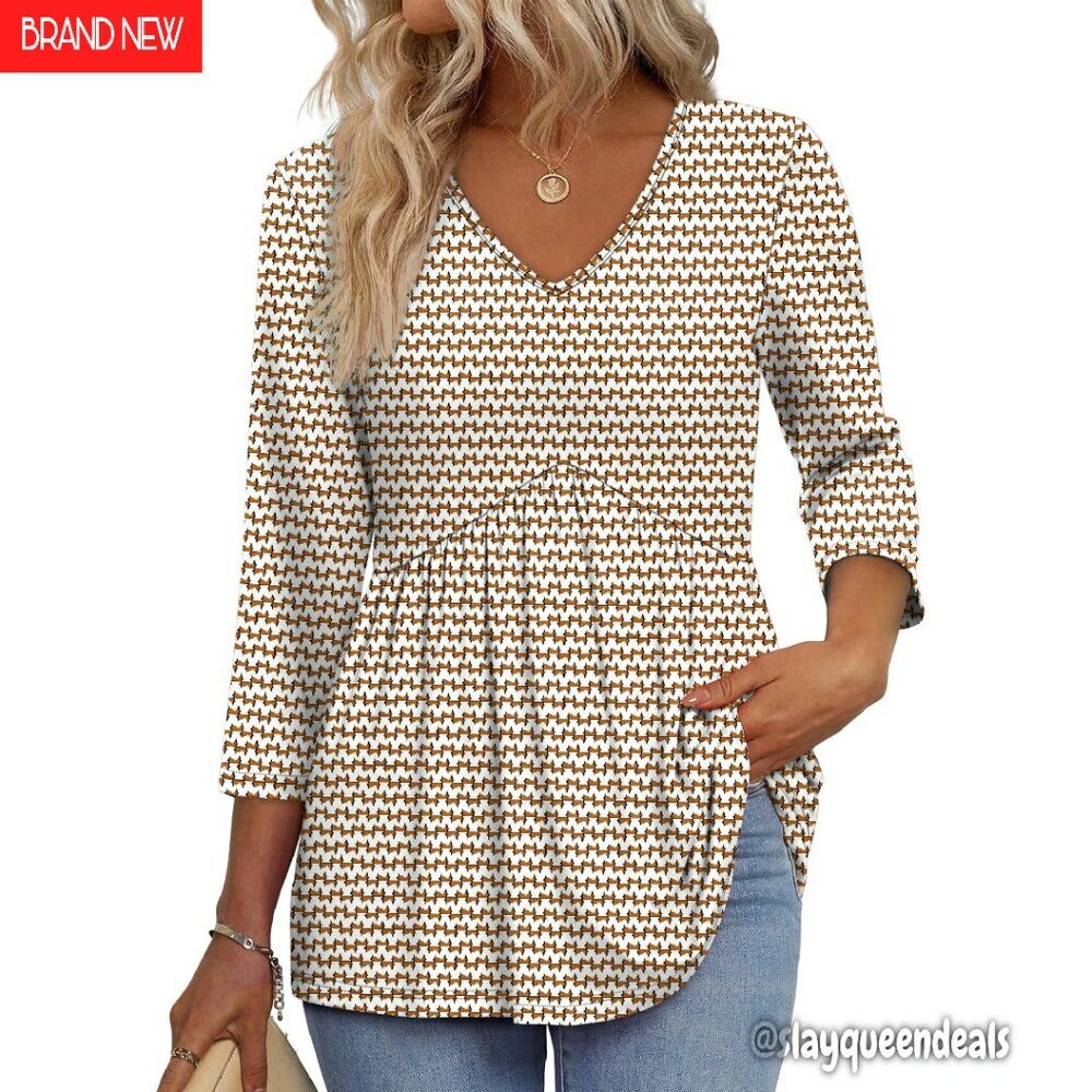 3/4 Sleeve V-Neck Babydoll Tunic Top, Lightweight Soft Fabric, Loose Fit